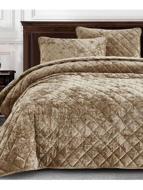 Tan Quilted Velvet Queen 3 piece quilt Set